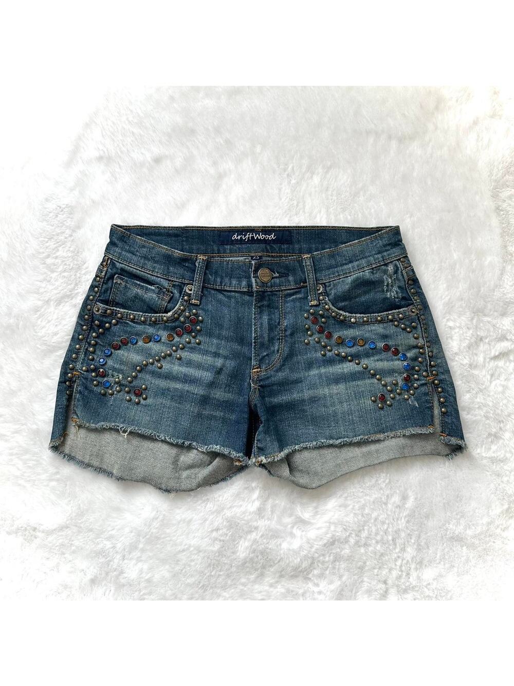 Driftwood Shorts Boho Bejeweled Bling Medium-Dark Wash Blue Denim - Size 25